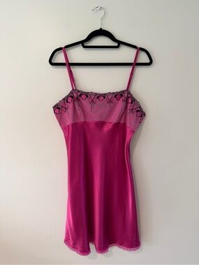 90s Vintage Pink Black Feminine Satin Slip Mini Dress Lace Trim Women's Large